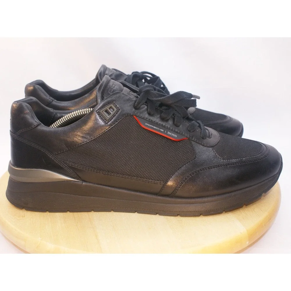 Hugo Boss x Porsche Mens 10.5 Black Leather Textile Low Top Trainers Designer